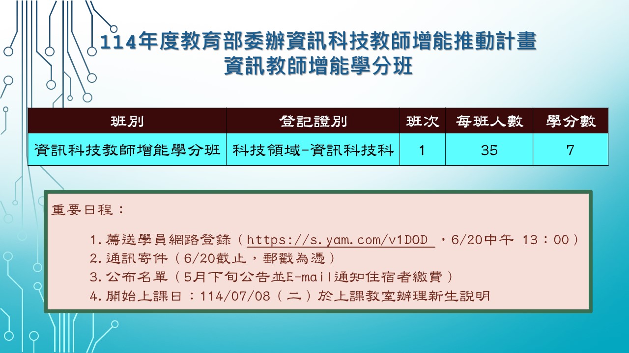114年度教育部委辦資訊科技科資訊教師增能學分班報名公告 