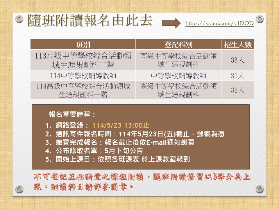 114年度中等學校教師在職進修第二專長專門科目學分班隨班附讀招生公告