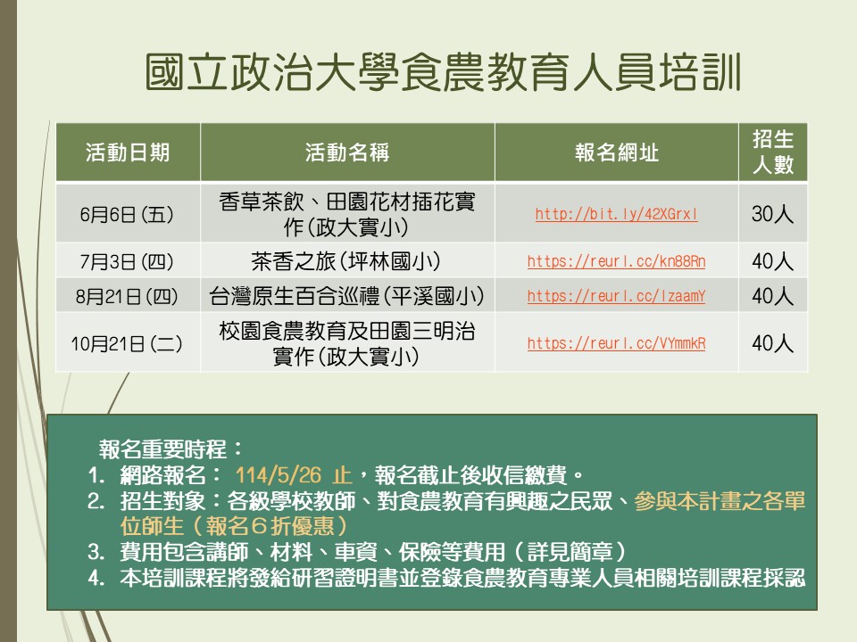 114年國立政治大學食農教育專業推廣人員培訓招生公告